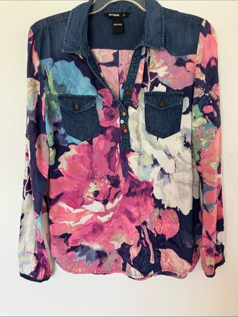 Desigual Pink Navy Floral Denim-Trim Blouse. Sz M